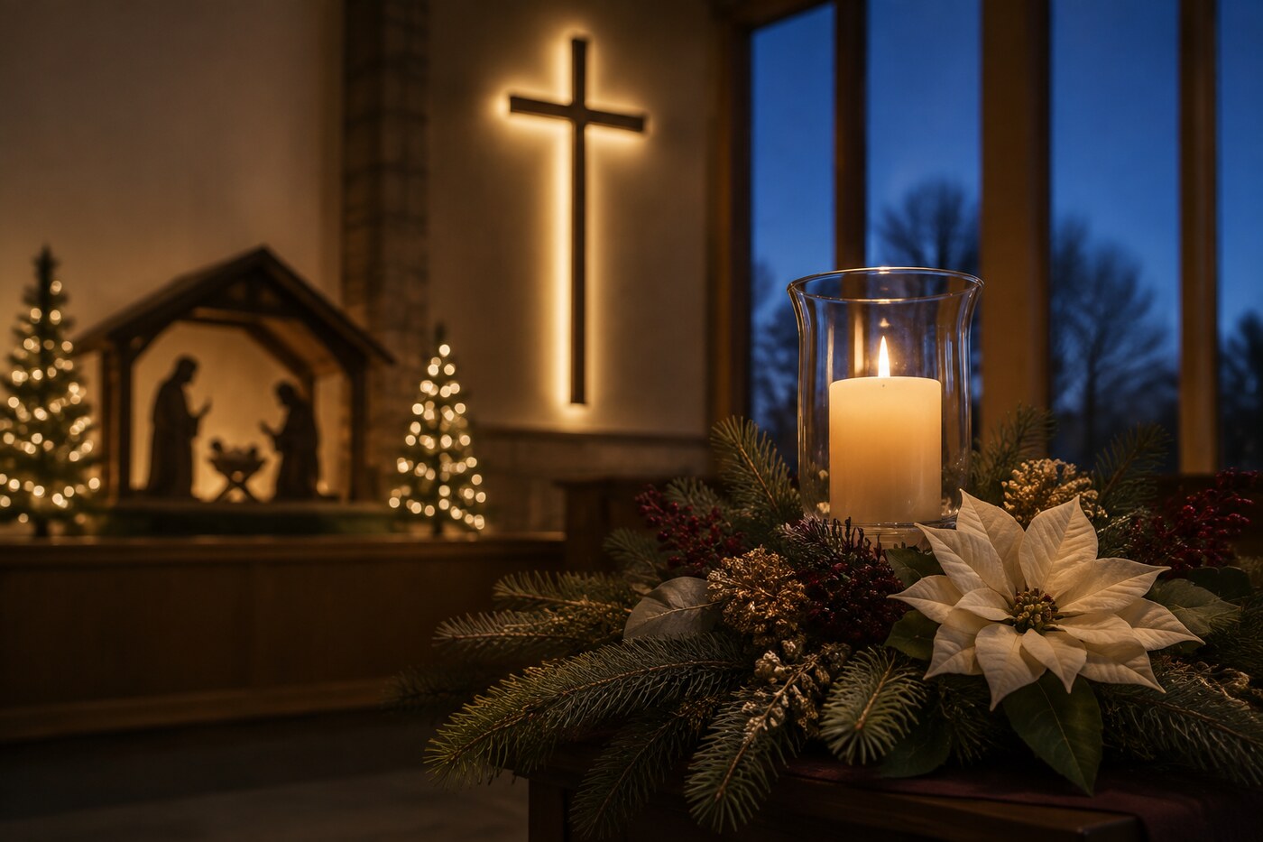 A candle, evergreen branches, and white poinsettia before a nativity and illuminated cross